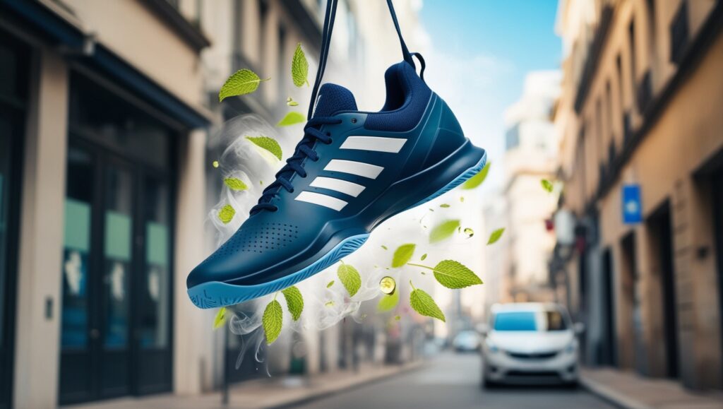 Como quitar el mal olor de las zapatillas con spray desodorante: zapatilla deportiva moderna recibiendo un rociado de aerosol en su interior para eliminar malos olores y dar frescura